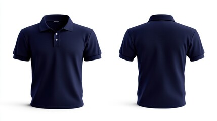 Navy blue polo shirt front and back view isolated on white