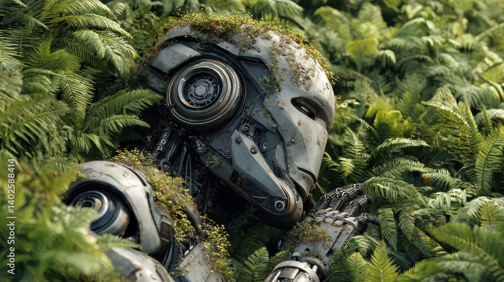 Poster robot explores dense jungle, merging technology with vibrant greenery and showcasing innovation in a