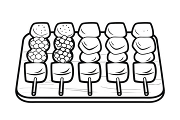 Hand Drawn Black And White Yakitori Skewers With Different Toppings Illustration On Wooden Plate For Menu Design