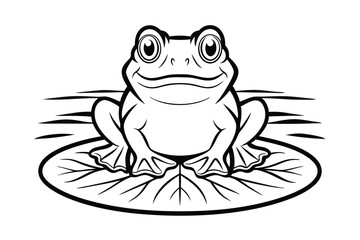 Detailed Frog Illustration On Lily Pad In Black And White Line Art Style For Vector Graphics