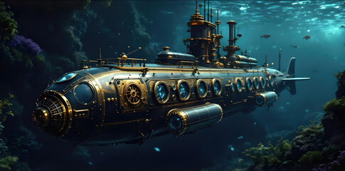 Steampunk Submarine Artwork Underwater Scene Digital Painting