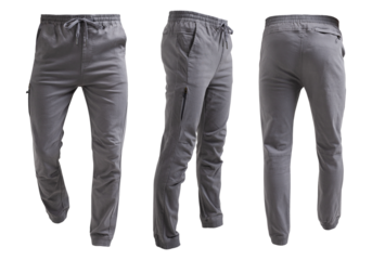 men's grey jogger pants isolated on transparent background seen from front and back view