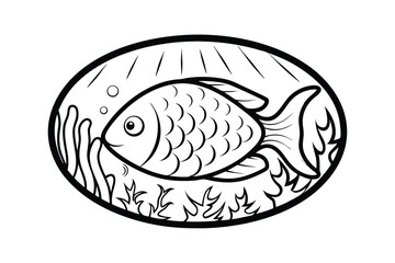 Stylized Fish Illustration In Black And White With Underwater Plants And Bubbles Within A Decorative Oval Border