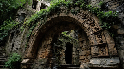 Naklejka premium Weathered archway of an ancient stone building reveals lost grandeur in a lush, overgrown landscape