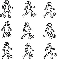 Outline Icons of Girls Playing Soccer in Various Poses