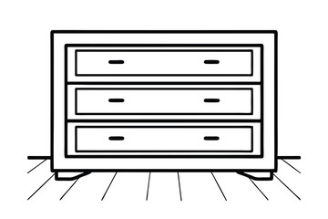 Black And White Line Art Depicting A Wooden Dresser With Three Drawers On A Floor