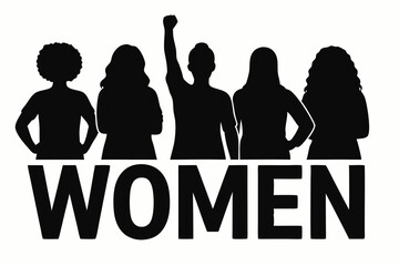 Powerful Female Silhouettes Standing United with Raised Fist, Diverse Women Empowerment Symbol for Feminism Movement, Gender Equality Concept, Black Minimalist Vector Illustration for Social Justice