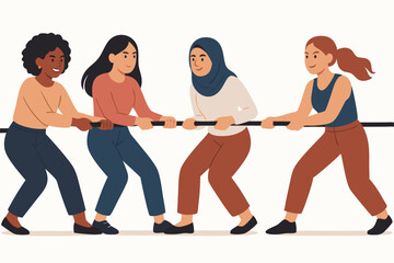 Naklejka premium Diverse Women Unite: Powerful Tug-of-War Teamwork Illustration, Multicultural Feminine Strength and Collaboration, Inclusive Workplace Concept Vector Graphic for Corporate Diversity Campaigns