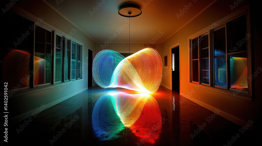 Poster swirling abstract light patterns illuminate a dark room with colorful reflections in a surreal displ