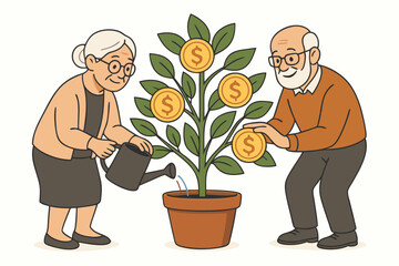 Senior Couple Nurturing Financial Growth Money Tree Investment Illustration, Elderly Retirement Planning, Wealth Management Concept, Golden Years Savings, Pension Fund Growth Vector Graphic