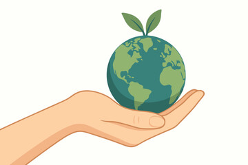 Sustainable Earth Concept with Human Hand Holding Green Planet with Sprouting Leaves, Environmental Conservation Vector Illustration for Climate Change Awareness and Eco-Friendly Initiatives