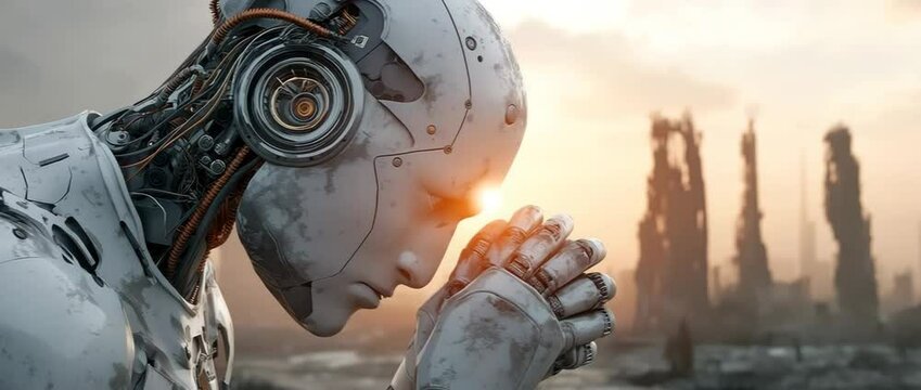 In the backdrop are a modern white robot and a destroyed city. 