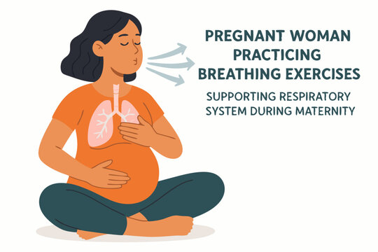 Pregnant Woman Practicing Breathing Exercises: Illustrated Vector Graphic for Prenatal Health, Respiratory Support, and Maternity Wellness Education
