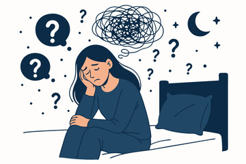 Sleepless Woman with Anxiety and Overthinking at Night, Mental Health Concept, Insomnia Illustration, Stress and Worry Vector Art, Depression Symptoms, Emotional Distress Graphic - obrazy, fototapety, plakaty