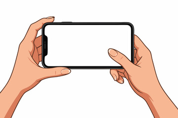 Minimalist Vector Illustration of Hands Holding Smartphone with Blank Screen, Modern Mobile Device Mockup for App Design, Digital Technology Template for UI Presentation, Clean Horizontal Layout