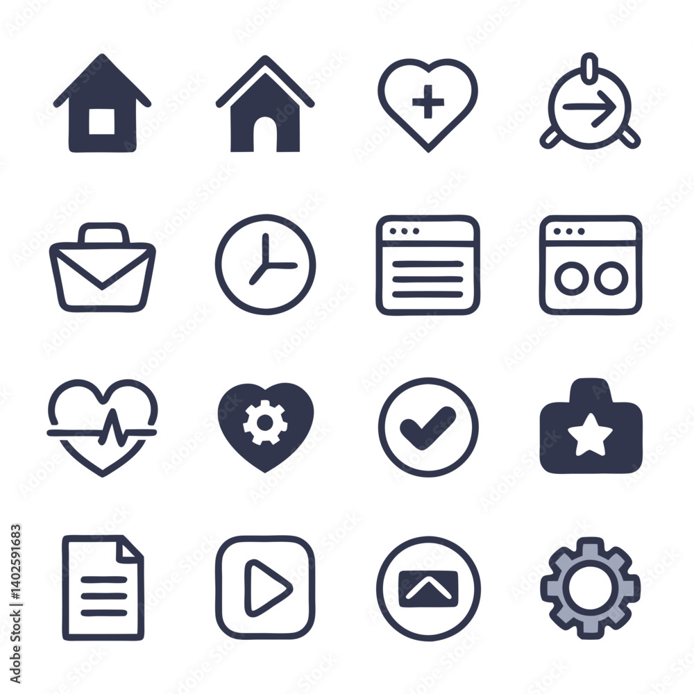 Poster hand drawn web and application ui icon set