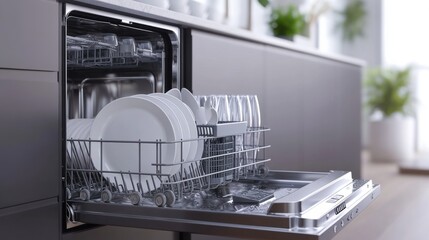 A modern dishwasher filled with clean dishes, prominently displayed in a sleek kitchen environment. The image emphasizes cleanliness and functionality.