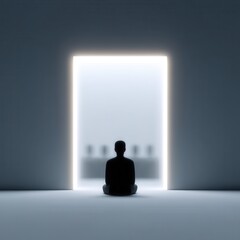 Obraz premium A silhouette meditates in front of a glowing doorway, symbolizing enlightenment and introspection in a minimalist, serene environment.