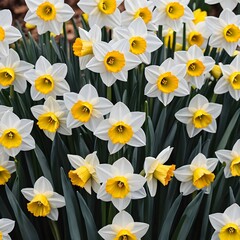 Fototapeta premium Field of White and Yellow Daffodils