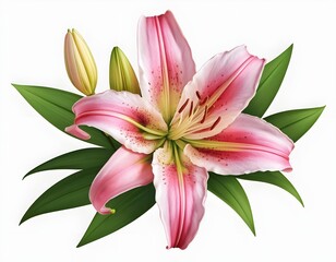 Fototapeta premium Pink Lily Flower with Buds and Leaves