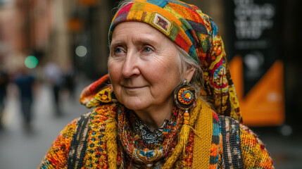 Fototapeta premium Elderly woman in a colorful headscarf and knitted cardigan smiles warmly on a lively city sidewalk
