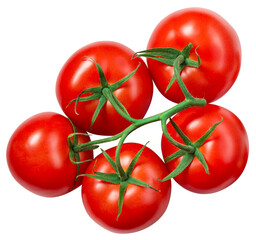 Tomato isolated png. Tomato branch on a transparent background. Perfect retouched png tomato no background. Top view tomatoes. Full depth of field.