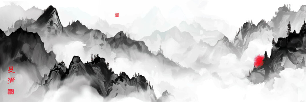 vector illustration of chinese black ink landscape with mountains painting on white
