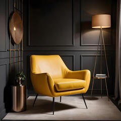 Mustard Yellow Leather Armchair in Modern Dark Room Interior