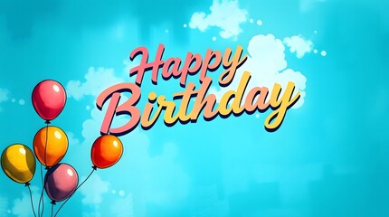 Naklejka premium Colorful Happy Birthday Balloons: Cheerful Celebration Design on Blue Sky with Clouds. Festive Greetings for Birthday Wishes & Cards
