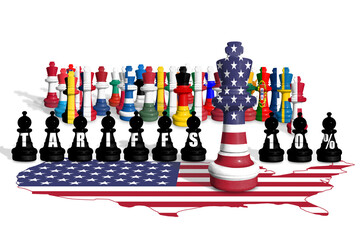 Chess made from USA and EU members flags. US and EU trade, duty, customs and tariffs war