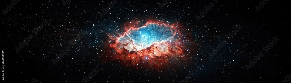 Poster a vibrant cosmic nebula surrounded by a field of stars, showcasing bright colors and intricate patte