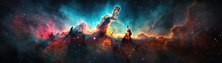 Obraz premium A vibrant cosmic scene featuring colorful nebulae and stars, showcasing the beauty of the universe in a stunning display of interstellar phenomena.