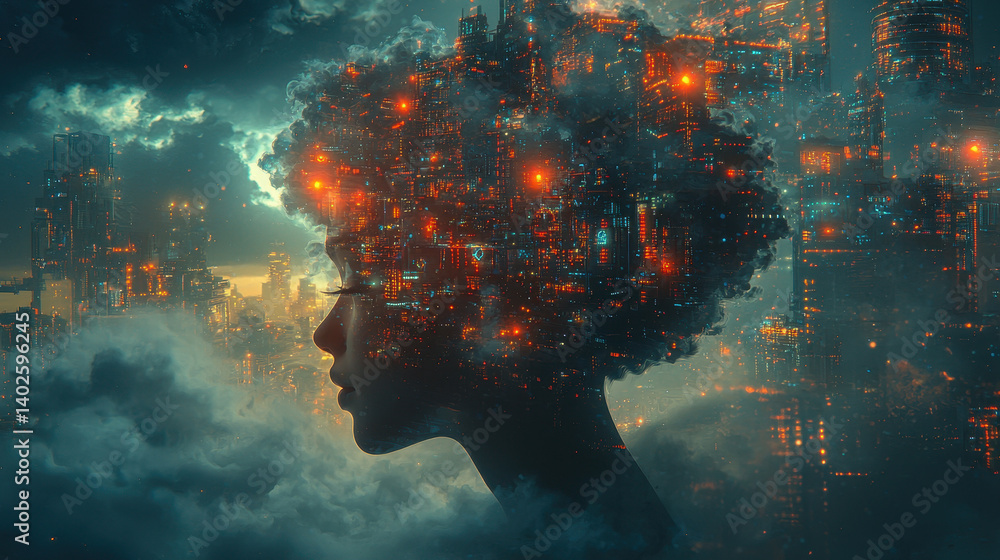 Poster person's head transforms into a cloud server filled with blinking lights and spinning hard drives sy