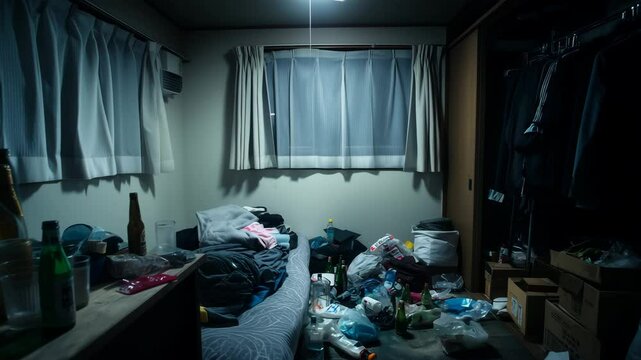 散らかった暗い部屋