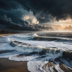 Obraz premium Dramatic Ocean Waves Crashing on Sandy Beach Under Dark Stormy Clouds