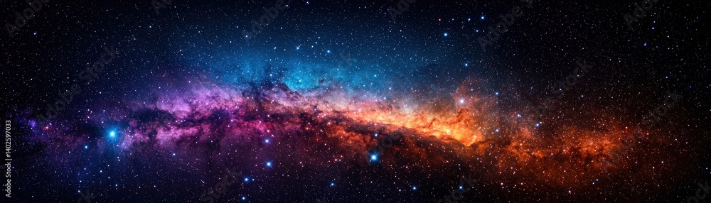 Poster a vibrant cosmic scene showcasing a colorful galaxy filled with stars and nebulae, creating a stunni