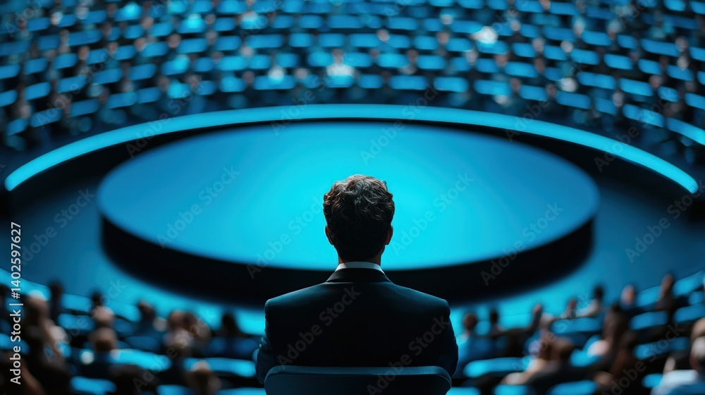 Poster a man sits in front of a brightly lit stage, with an audience in the background, creating an atmosph