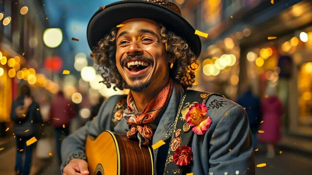 Joyful musician with curly hair playing guitar on a festive street. Music and celebration Modern concept.