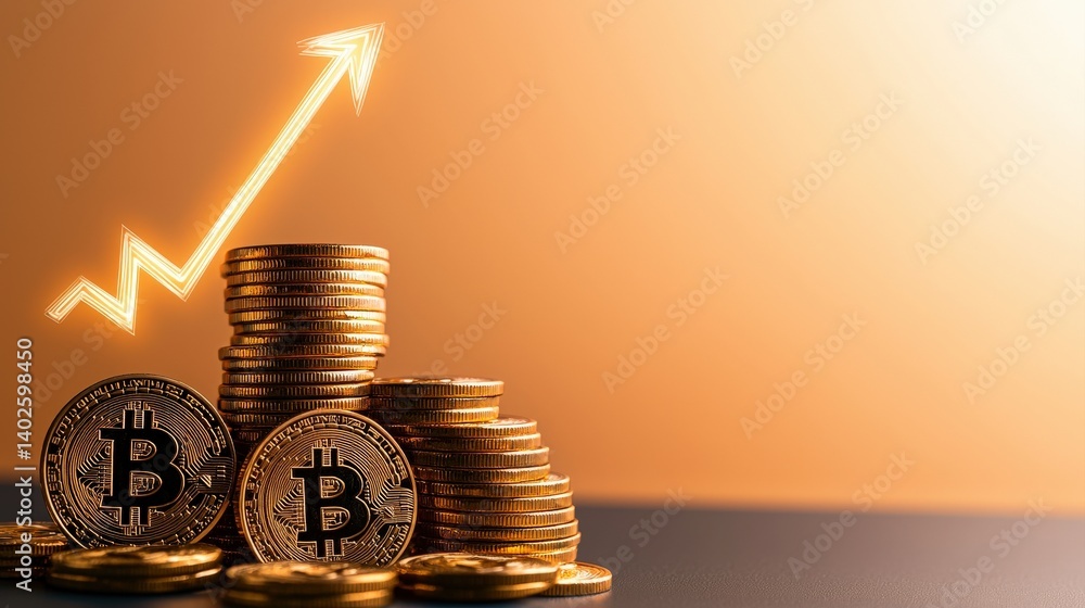 Poster a visual representation of rising bitcoin value, featuring stacked coins and an upward arrow, symbol