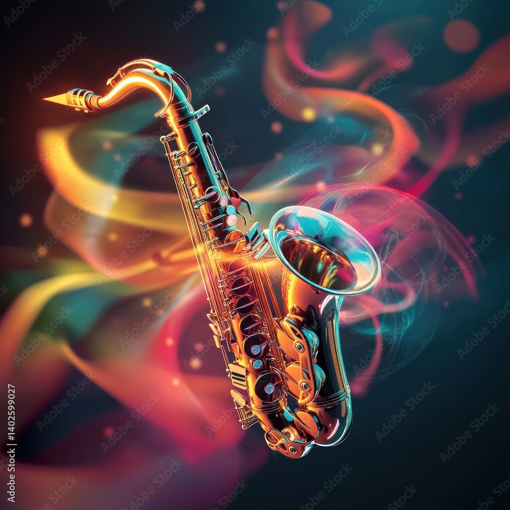Aufkleber a vibrant gold alto saxophone floats amidst swirling colorful smoke and lights creating a dynamic mu