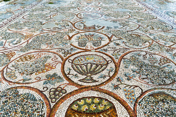 Ancient mosaic floor with beautiful geometric patterns of the floral and fruit motifs