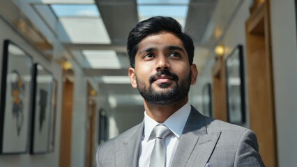 Fototapeta premium Portrait of man in business attire standing confidently with hands on hips.