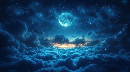Serene night sky with a glowing moon illuminating soft clouds and distant stars, evoking tranquility