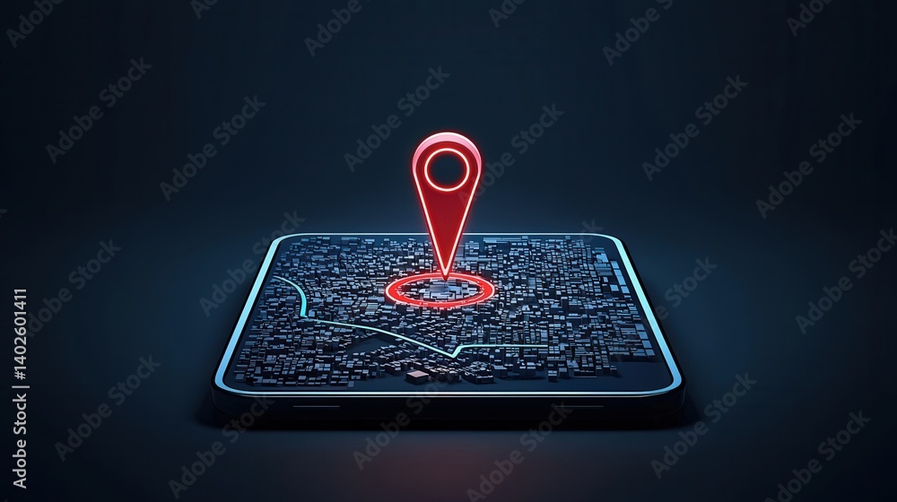 Poster a digital map on a smartphone screen with a prominent location pin, representing navigation and loca