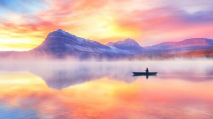 A lone figure peacefully rows a small boat across a serene mountain lake at sunrise reflecting vibrant colors in the calm water.
