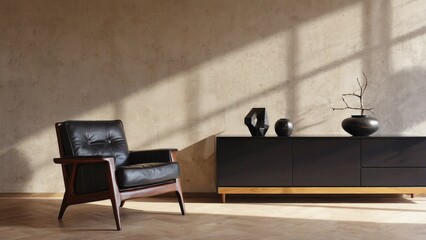 A modern living space with a sleek leather chair and contemporary furniture against natural light.