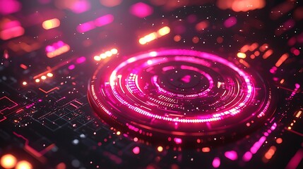 Sleek digital interface with glowing wireframe HUD elements, geometric shapes, neon glitch effects creating motion, modern futuristic design for a tech-focused presentation.