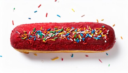Long John Red Velvet Donut with Rainbow Sprinkles on White Background Isolated