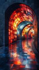 Fototapeta premium Colorful stained glass corridor phone wallpaper with vibrant reflections and modern architecture