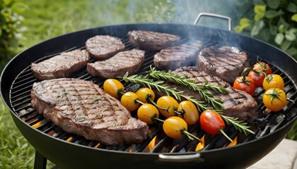Grilled Steaks and Cherry Tomatoes on a Barbecue